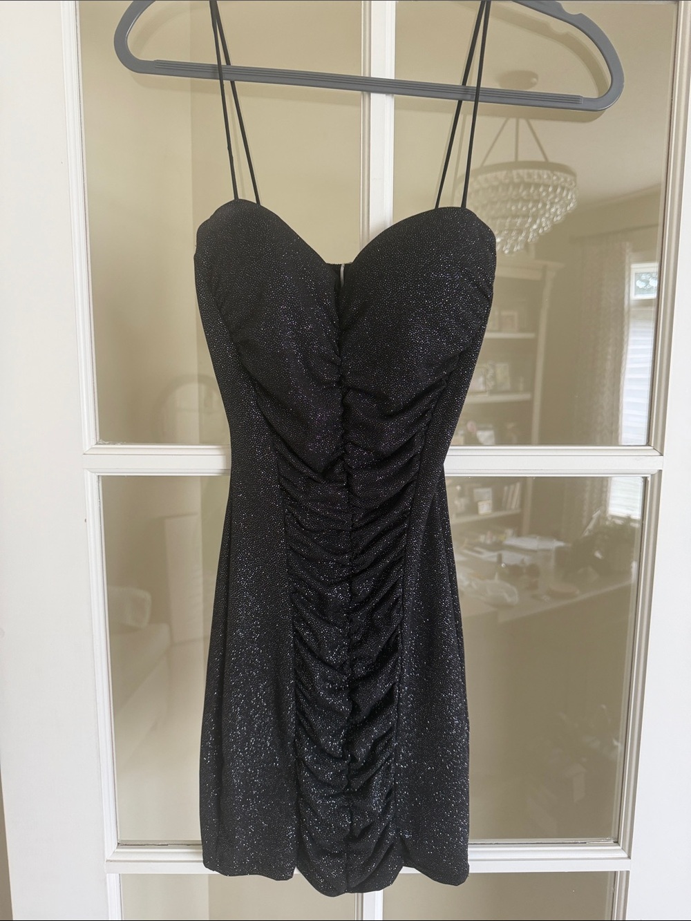 Windsor Black Glitter Ruched Spaghetti-Strap Dress homecoming dress